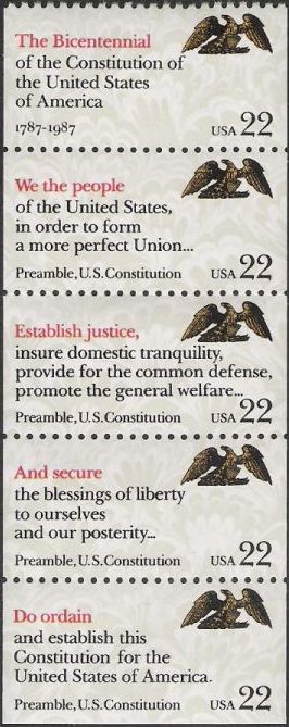 Booklet pane of five 22-cent U.S. postage stamp picturing eagles and the Preamble to the U.S. Constitution