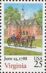 25-cent U.S. postage stamp picturing horse-drawn carriage and building