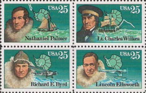 Block of four 25-cent U.S. postage stamps picturing Nataniel Palmer, Charles Wilkes, Richard E. Byrd, and Lincoln Ellsworth