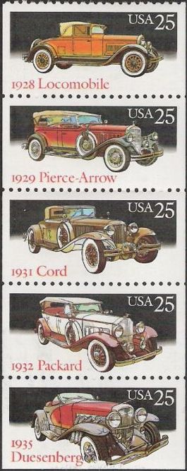 Booklet pane of five 25-cent U.S. postage stamps picturing antique cars