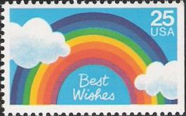 25-cent U.S. postage stamp picturing rainbow and clouds