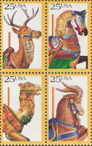 Block of four 25-cent U.S. postage stamps picturing carousel animals