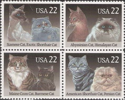 Block of four 22-cent U.S. postage stamps picturing cats