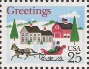 25-cent U.S. postage stamp picturing sleigh and buildings