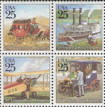 Block of four 25-cent U.S. postage stamps picturing stagecoach, steamboat, airplane, and truck