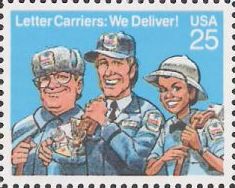 25-cent U.S. postage stamp picturing mail carriers