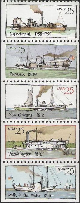 Booklet pane of five 25-cent U.S. postage stamps picturing steamboats