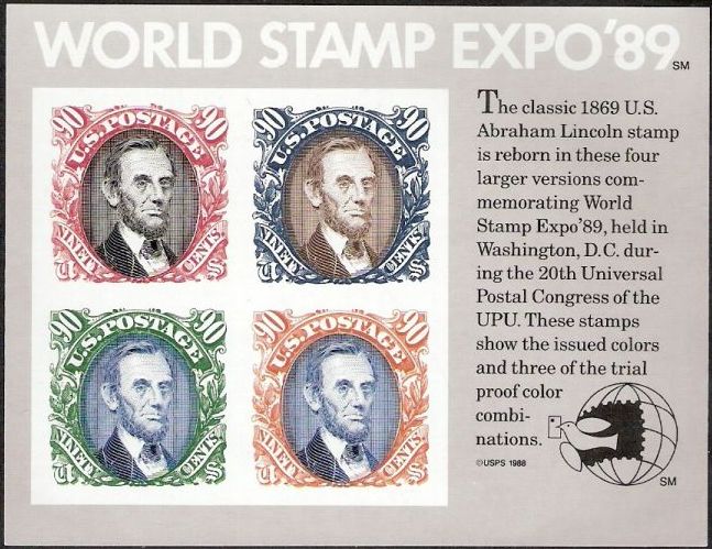 Souvenir sheet of four 90-cent U.S. postage stamps picturing Abraham Lincoln