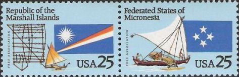 Pair of 25-cent U.S. postage stamps picturing boats and flags of Republic of the Marshall Islands and Federated States of Micronesia