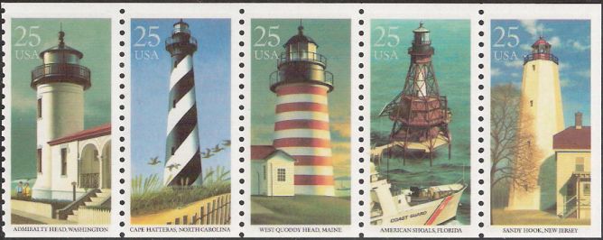 Booklet pane of five 25-cent U.S. postage stamps picturing lighthouses
