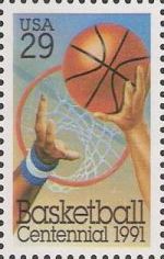 29-cent U.S. postage stamp picturing basketball, hoop, and hands