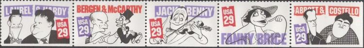 Strip of five 29-cent U.S. postage stamps picturing comedians