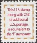 Non-denominated 4-cent U.S. postage stamp bearing text indicating it plus a 25-cent stamp are equivalent to the 'F' stamp rate (29 cents)