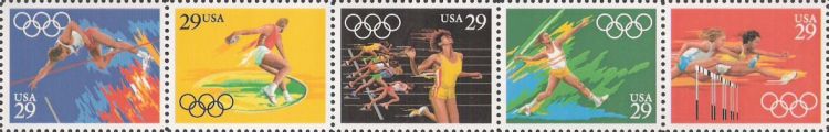 Strip of five 29-cent U.S. postage stamps picturing Summer Olympians