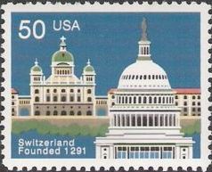 50-cent U.S. postage stamp picturing U.S. Capitol and Swiss building