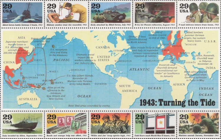 Sheet of 10 29-cent U.S. postage stamps commemorating World War II events