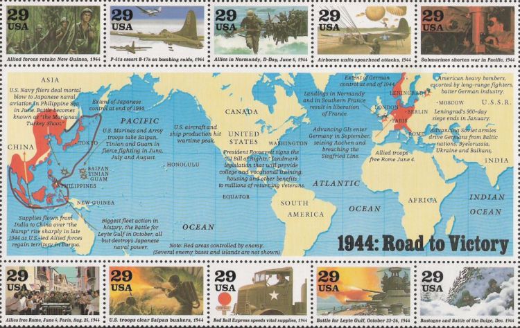 Sheet of 10 29-cent U.S. postage stamps commemorating World War II events