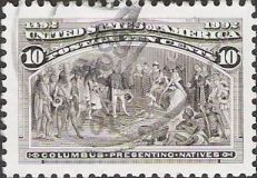 Black brown 10-cent U.S. postage stamp picturing Christopher Columbus presenting natives