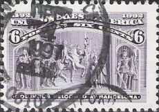 Purple 6-cent U.S. postage stamp picturing Christopher Columbus being welcomed at Barcelona