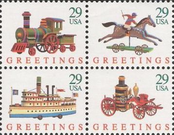 Block of four 29-cent U.S. postage stamps picturing toys