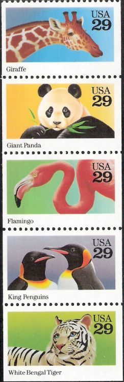 Booklet pane of five 29-cent U.S. postage stamps picturing animals