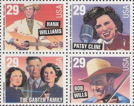 Country & Western Singers Block of four 29-cent U.S. postage stamps picturing Hank Williams, Patsy Cline, the Carter Family, and Bob Wills