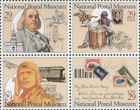 National Postal Museum Block of four 29-cent U.S. postage stamps picturing stamps and men
