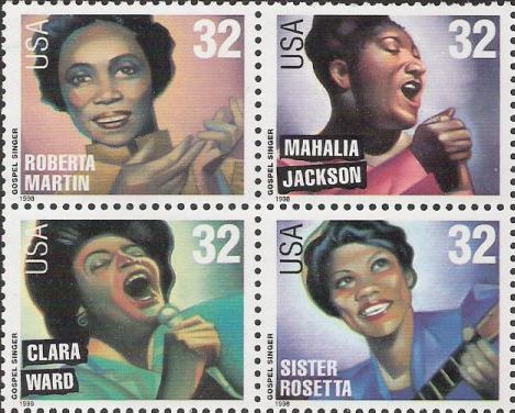 Block of four 32-cent U.S. postage stamps picturing Roberta Martin, Mahalia Jackson, Clara Ward, and Sister Rosetta