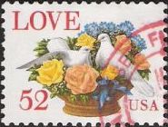 52-cent U.S. postage stamp picturing two doves in planter containing flowers