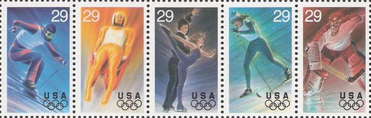 Strip of five 29-cent U.S. postage stamps picturing Winter Olympians