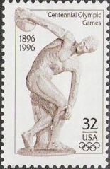 Brown 32-cent U.S. postage stamp picturing statue of discus thrower