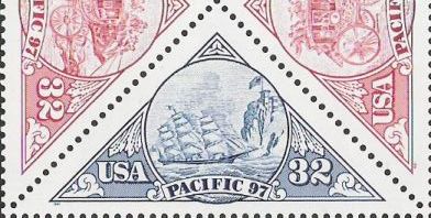 Blue 32-cent U.S. postage stamp picturing sailing ship