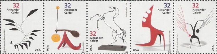 Strip of five 32-cent U.S. postage stamps picturing Alexander Calder sculptures