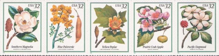 Strip of five 32-cent U.S. postage stamps picturing blooms from flowering trees