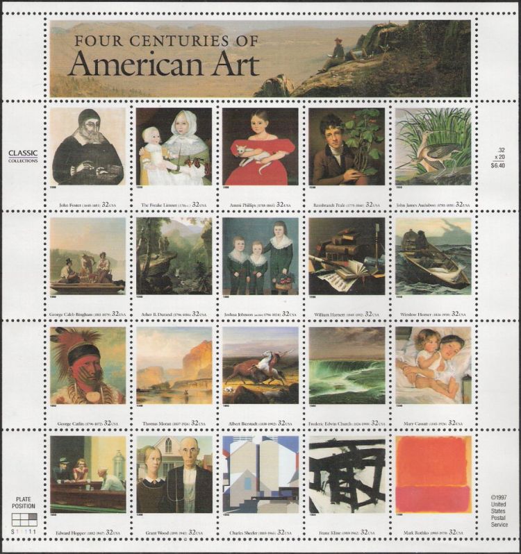 Sheet of 20 32-cent U.S. postage stamps picturing paintings