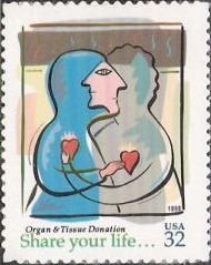 32-cent U.S. postage stamp picturing two people sharing hearts