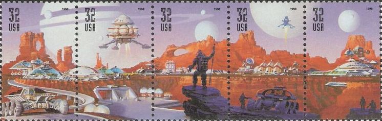 Strip of five 32-cent U.S. postage stamps picturing buildings and spacecraft on alien planet