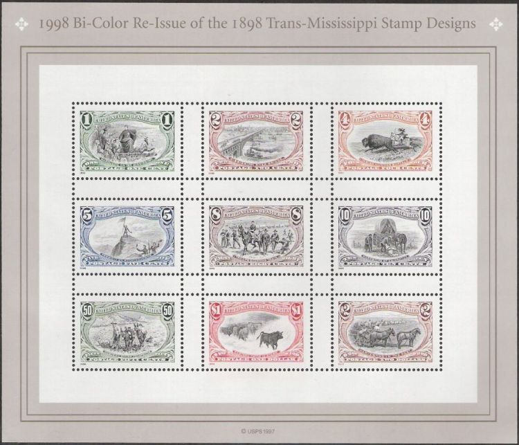 Sheet of nine U.S. postage stamps reproducing designs of stamps from 1898 Trans-Mississippi Exposition series