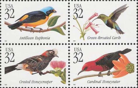 Block of four 32-cent U.S. postage stamps picturing tropical birds