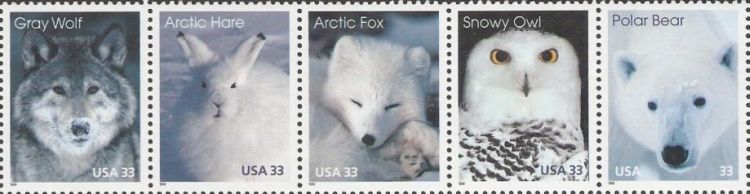 Strip of 33-cent U.S. postage stamps picturing Arctic animals