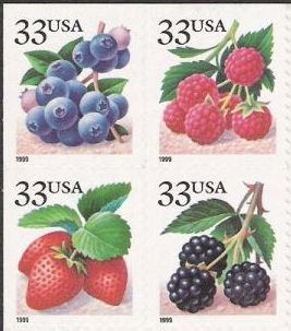 Block of four 33-cent U.S. postage stamps picturing berries