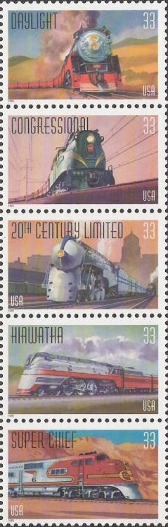Strip of five 33-cent U.S. postage stamps picturing trains