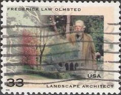 33-cent U.S. postage stamp picturing Frederick Law Omsted and manicured garden