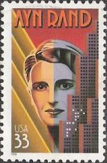 33-cent U.S. postage stamp picturing Ayn Rand and buildings