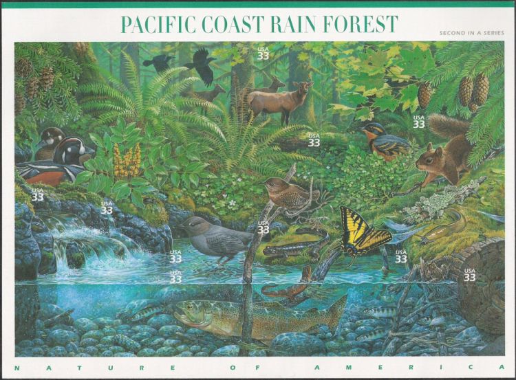 Sheet of 10 33-cent U.S. postage stamps picturing plants and animals of Pacific coast rain forest