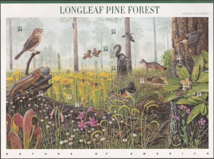 Sheet of 10 34-cent U.S. postage stamps picturing plants and animals of longleaf pine forest
