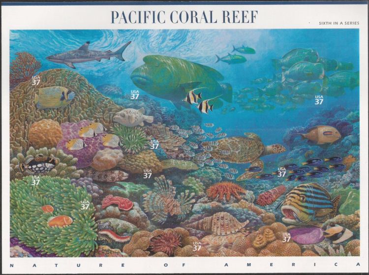 Sheet of 10 37-cent U.S. postage stamps picturing plants and animals of Pacific coral reef