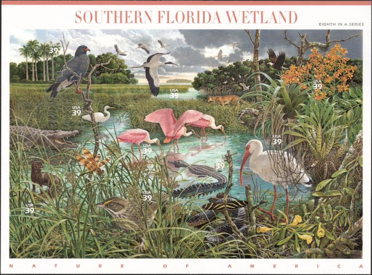 Sheet of 10 39-cent U.S. postage stamps picturing plants and animals of Southern Florida wetland