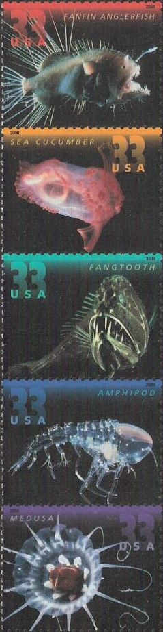 Strip of five 33-cent U.S. postage stamps picturing deep sea creatures