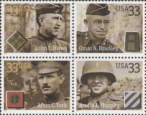 Block of four 33-cent U.S. postage stamps picturing John L. Hines, Omar N. Bradley, Alvin C. York, and Audie L. Murphy